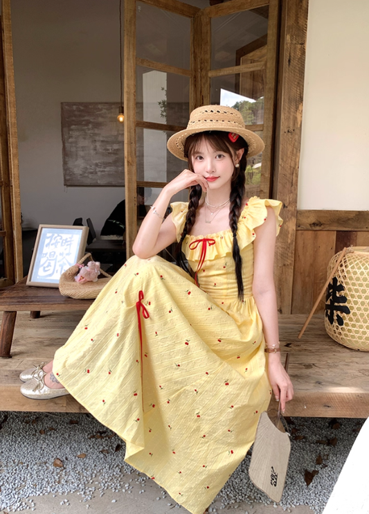 Long ruffled square neck waist dress for women summer French temperament A-line skirt R4744