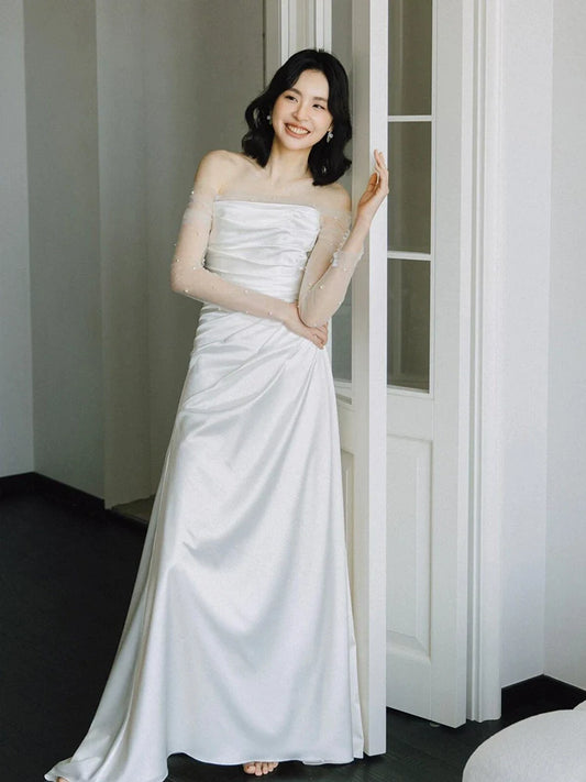 Long Sleeves Satin Mermaid Wedding Dresses Long Bridal Gown S7213