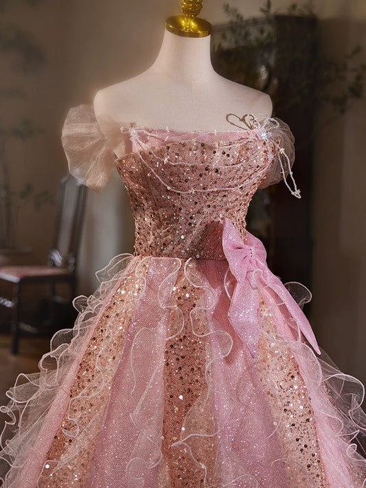 A Line Pink Elegant Evening Gowns Off Shoulder Long Prom Dress S7209