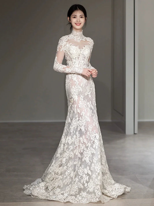 Long Sleeves Lace High Neck Wedding Dresses Long Bridal Gown S7208