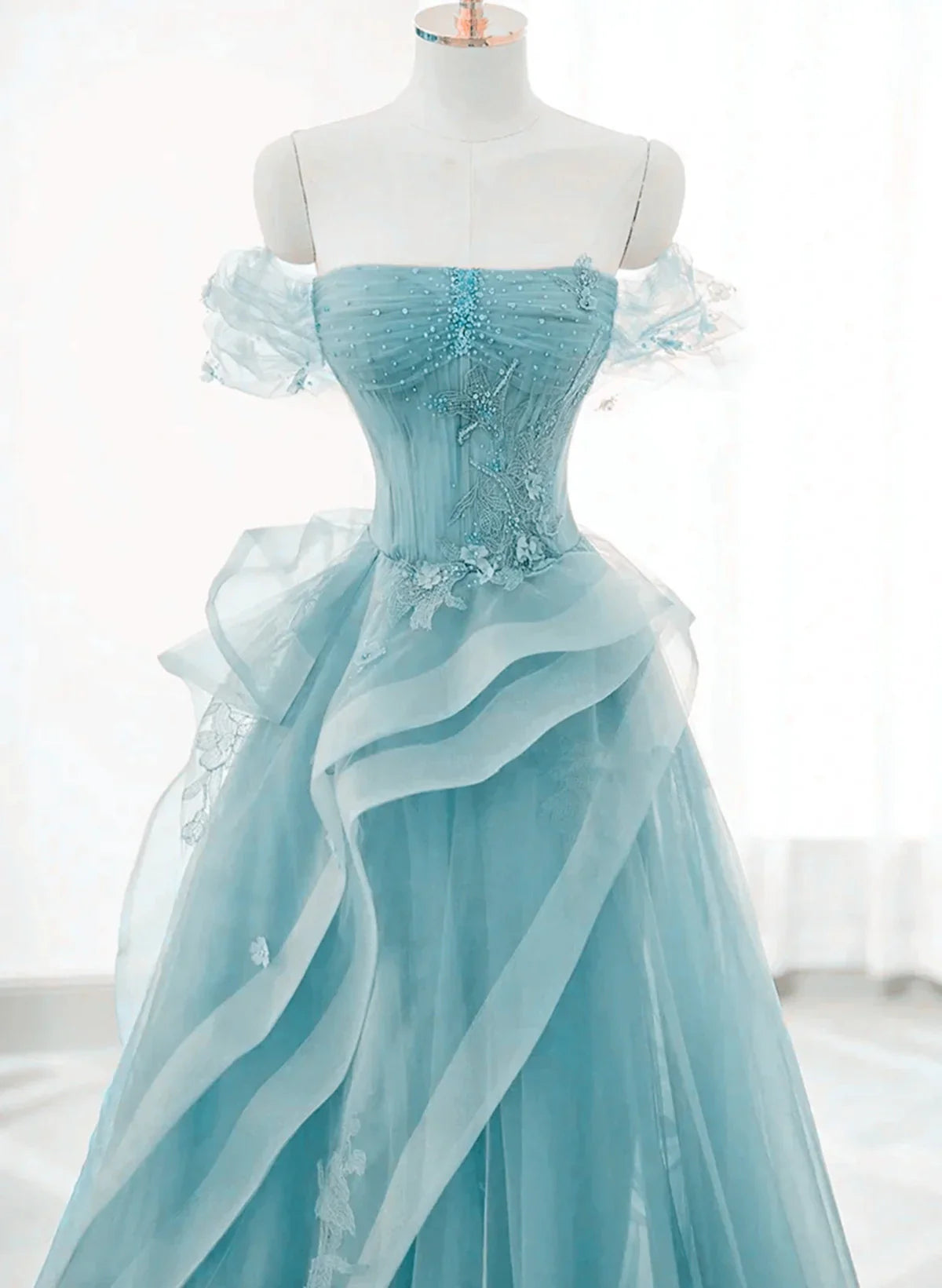 Tulle Off Shoulder Beaded Lace Long Prom Dress, Formal Dress fg4913