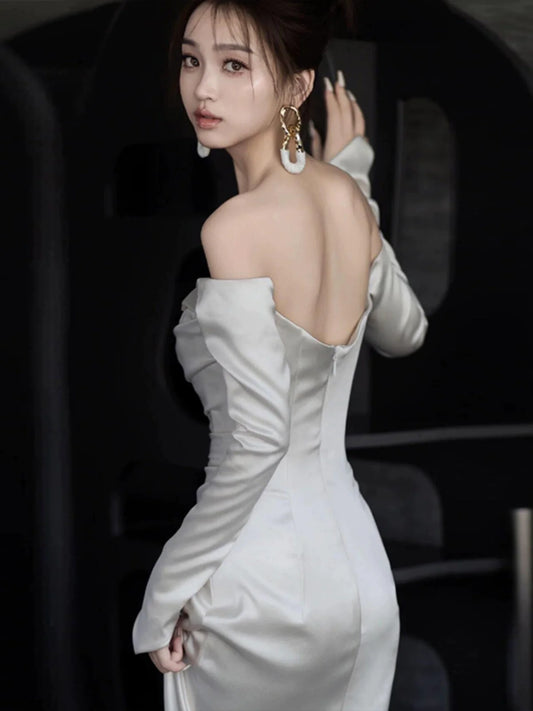 Long Sleeves Satin Mermaid Wedding Dresses Long Bridal Gown S7211