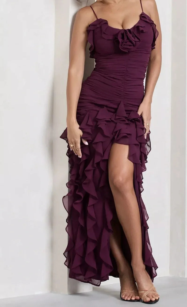 Spaghetti Straps Chiffon Prom Dress, Burgundy Evening Party Dress fg5153