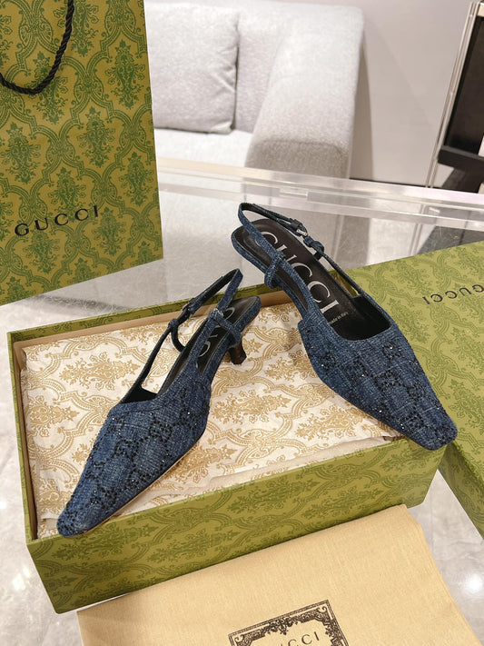 GG CRYSTALS SLINGBACK PUMP DENIM FABRIC