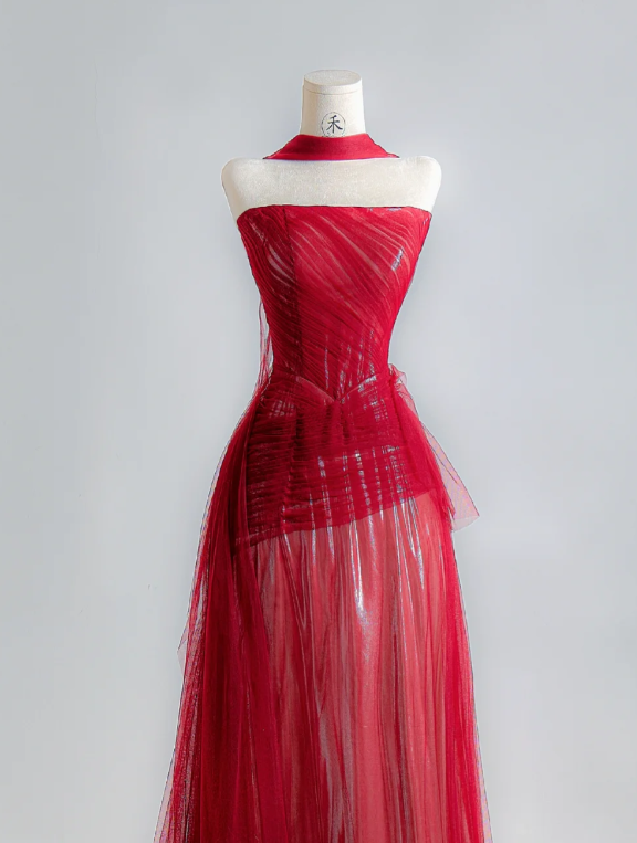 Strapless Red A Line Prom Dress Tulle Birthday Outfit Evening Dress fg8705