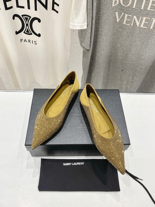 SL NOUR LEOPARD POINT TOE BALLET MUSTARD CRYSTAL SATIN