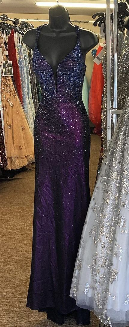 Glitter Spaghetti Straps Purple Satin Beaded Mermaid Party Dress Long Evening Dress D1623