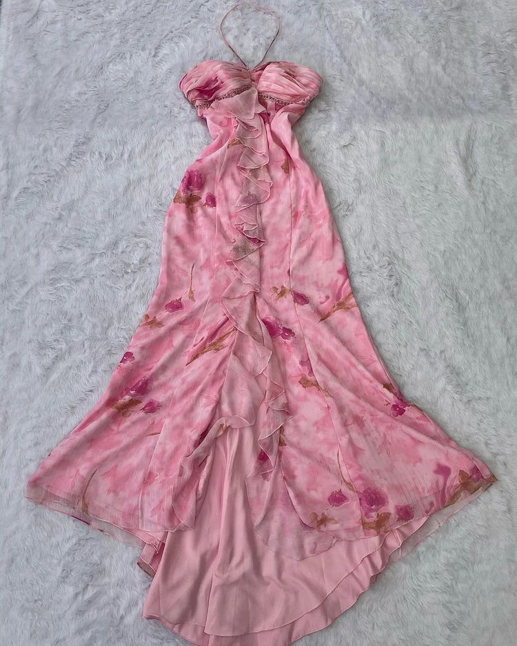 Pink floral halterneck slim-waist long dress, prom dress R5423