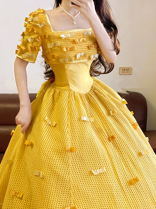 Yellow Square-neck Waist-Cinched Puff-Skirt Ball Gown & Bridal Gown R7374
