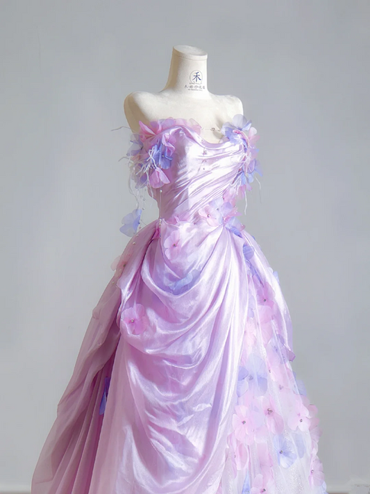 Light purple strapless, fitted waist, elegant long ball gown, bridal dress R8524