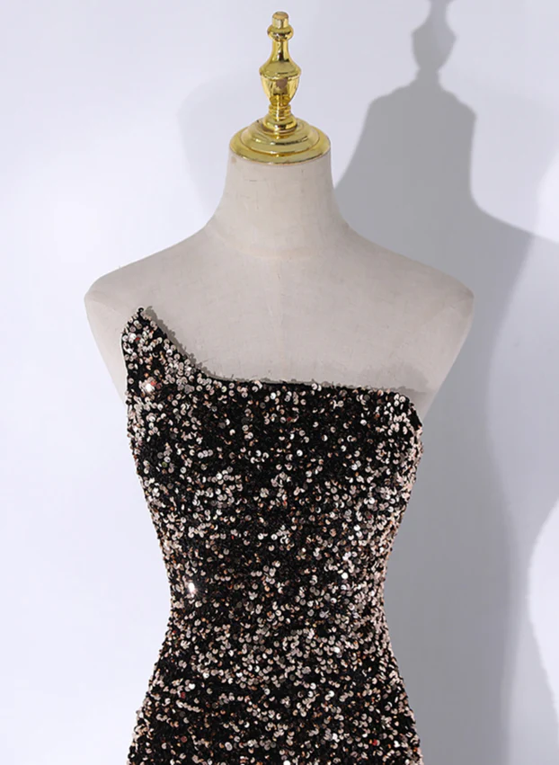 Shiny Black Strapless Sequins Tulle Mermaid Long Party Dress MD7343
