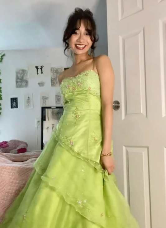Charming Strapless Lime Green Tulle Beaded Layered Long Party Dress Birthday Prom Gown