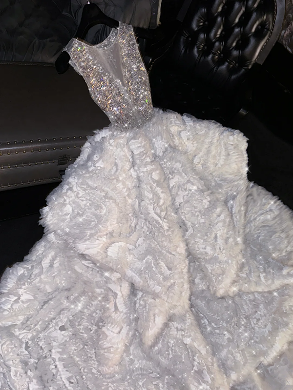 Silver sequined bodice, white full-skirted long ball gown, bridal dress R8769
