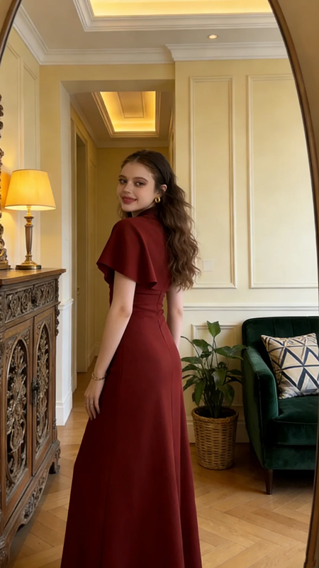 Burgundy shawl fitted waist sexy slit ball gown bridal dress R8585