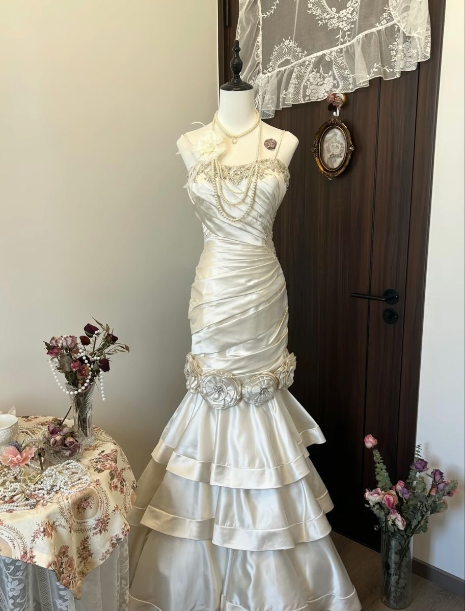Retro Ivory Straps Mermaid Satin Long Wedding Dresses Evening Gowns, D1162