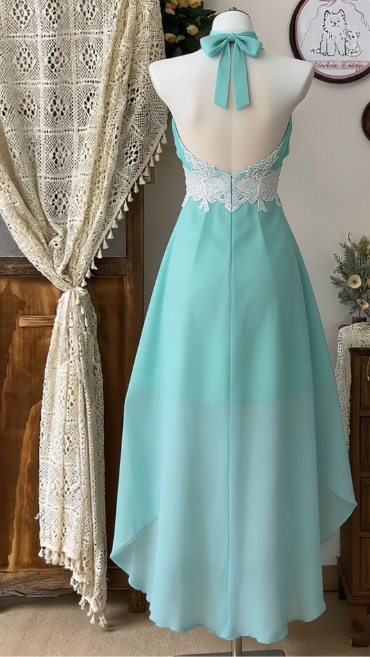 Stunning Homecoming Dress Halter Lace Hi-Lo Back to School Outfits Party Dress D6527