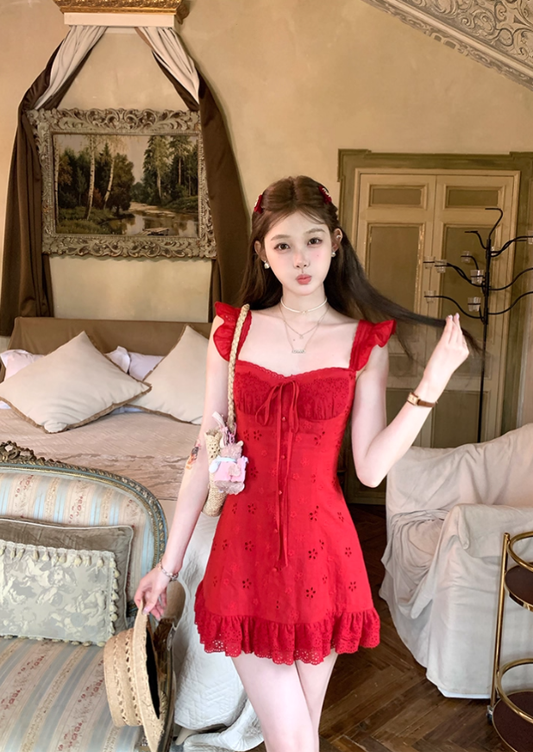 Red waist hollow suspender dress women's summer French temperament skirt R4700