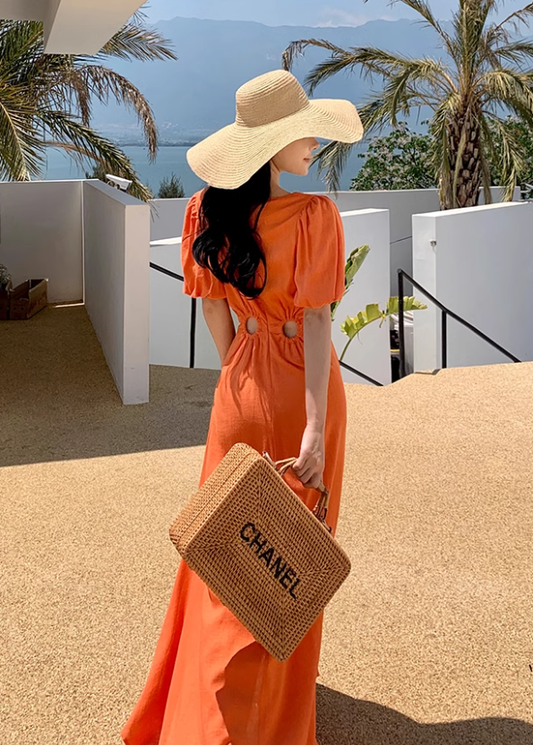 Orange V-neck French puff sleeve dress Hot girl hollow waist design high-end seaside holiday dress R0202