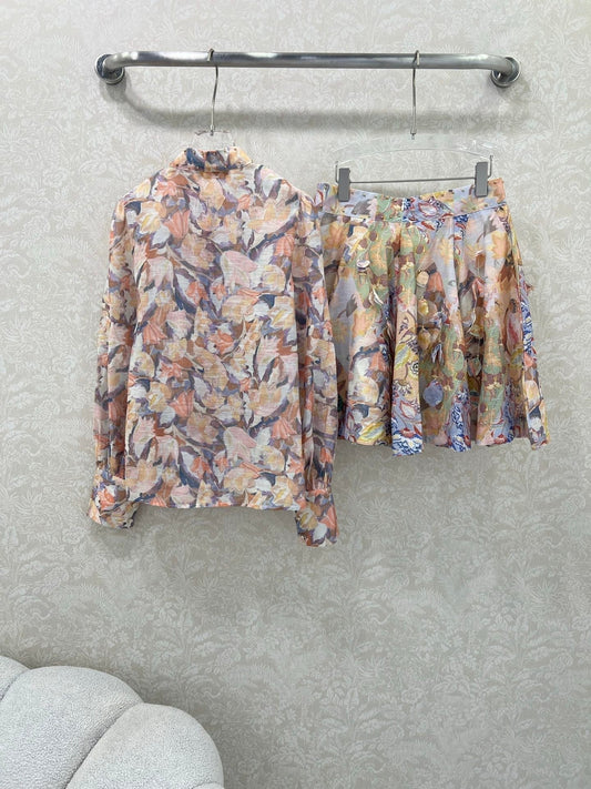 ZIMMER STAND-COLLAR PRINTED STUDDED TOP AND HIGH-WAIST FLARED SKIRT SET