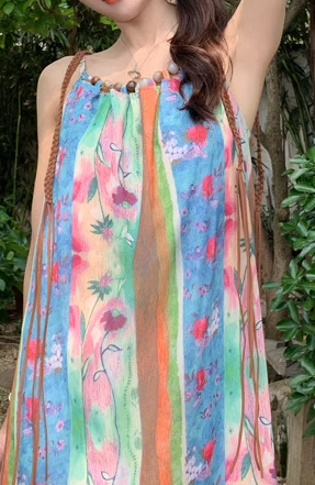Retro oil painting style flower suspender dress holiday style tassel blouse slim long skirt suit R0204