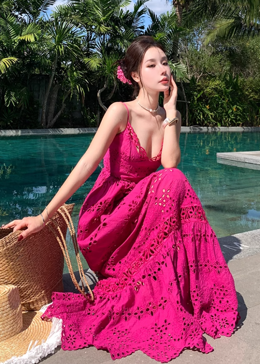 French retro heavy hollow flower embroidery design rose red suspender dress waist lace long skirt R0205