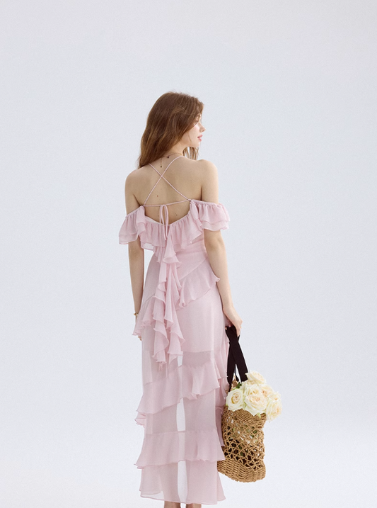 Watercolor flower path pink dress high-grade suspender skirt short skirt female summer R3422