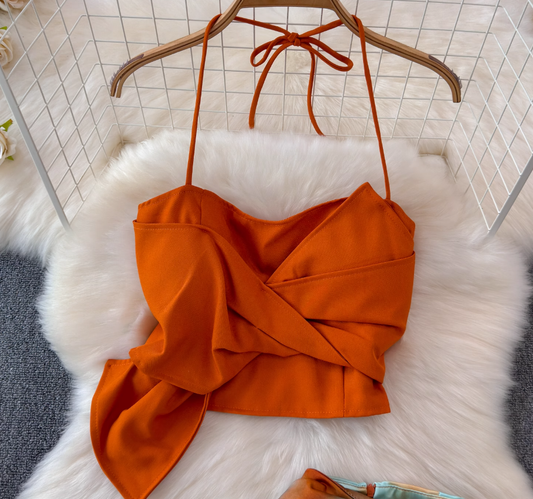 Summer sling holiday style gradient orange tie-dyed skirt knot design niche long skirt two-piece set R0321