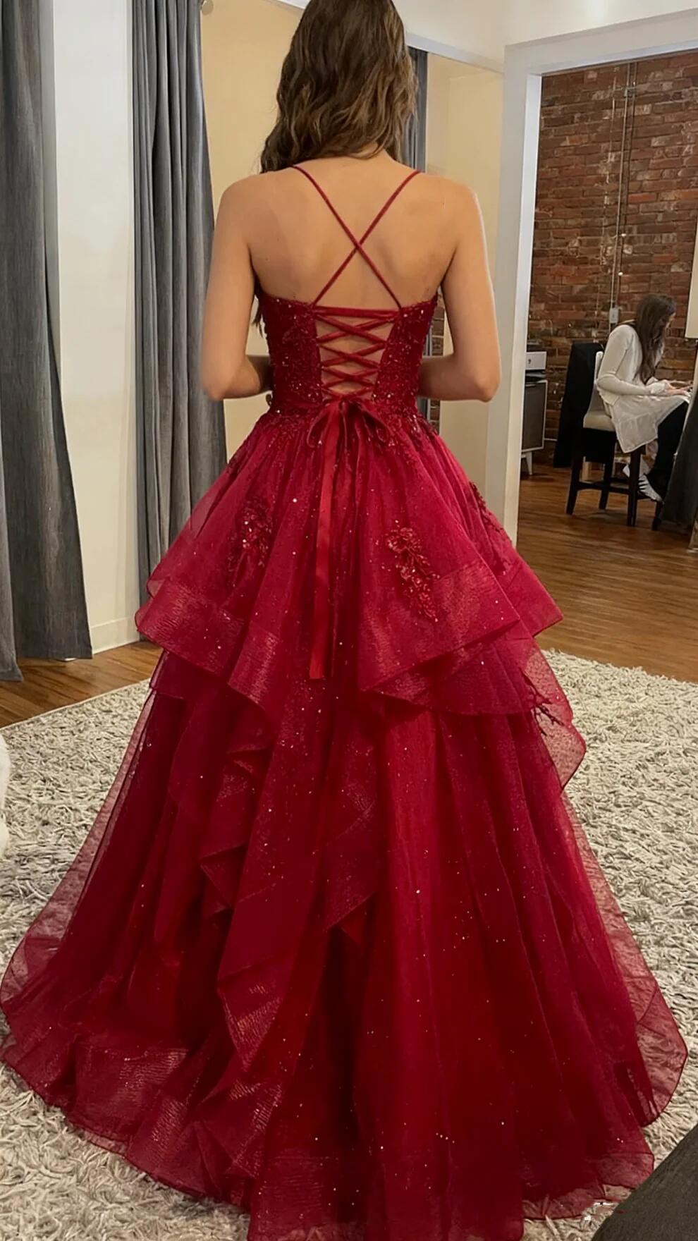 Burgundy Shinny Tulle A-Line Long Prom Dress Evening Party Dresses fg7644