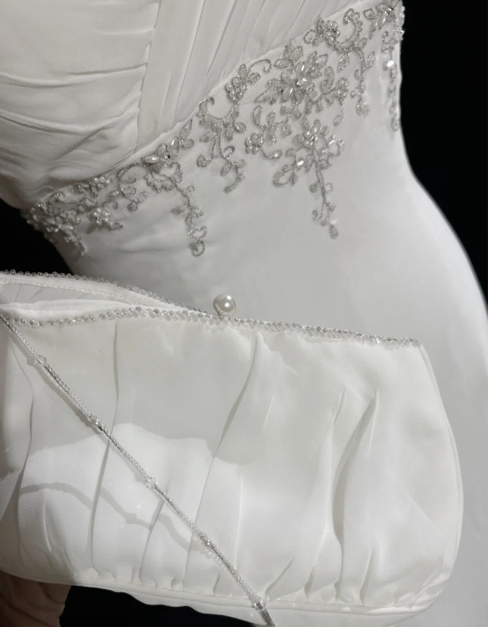 Classy Spaghetti Strap White Tulle Satin Beaded Mermaid Evening Dress Long Wedding Guest Dress D1850
