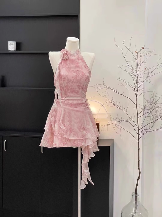 Sexy Halter Pink Floral Chiffon Holiday Dress Birthday Outfits S241