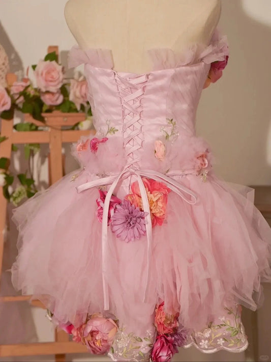 Stunning Homecoming Dress Strapless Flower Tulle Dress Back to School Outfits Party Dress D6403