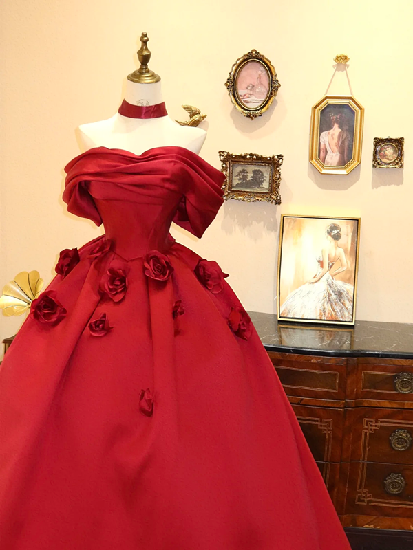 Red off-the-shoulder ball gown with a fitted waist and full skirt, bridal dress R7166