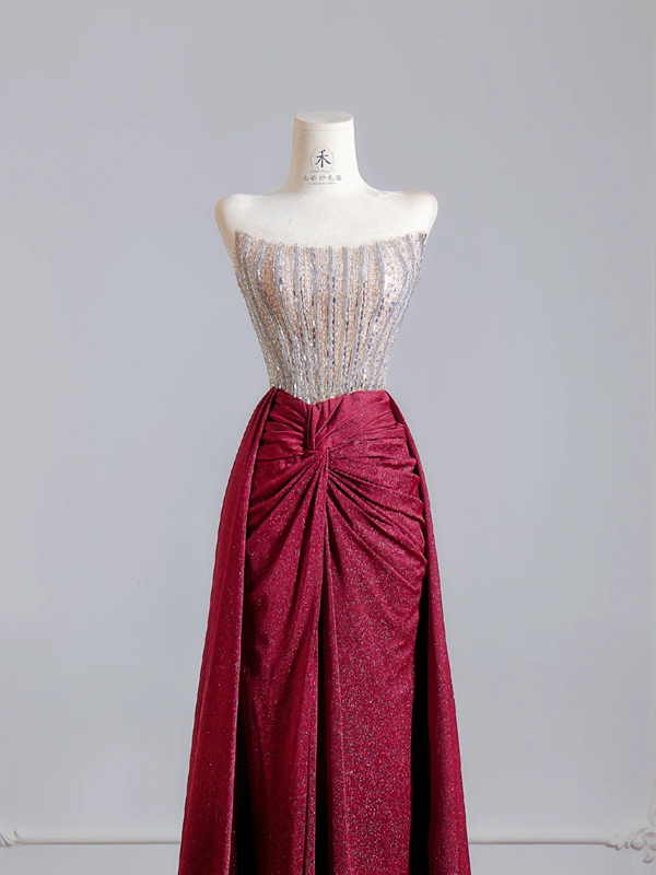 Silver strapless fitted bodice with burgundy long skirt, a formal ball gown/bridal dress R8525