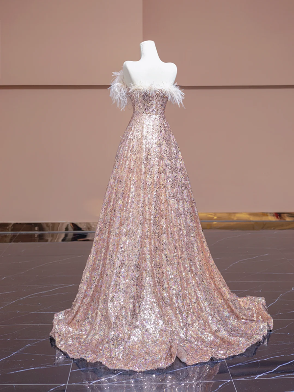 Light pink off-the-shoulder neckline, fitted waist, long flowing skirt, ball gown, bridal dress R8341