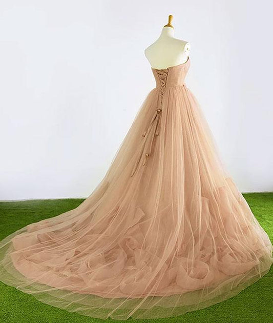 Champagne sweetheart neck tulle long prom dress, evening dress M4836
