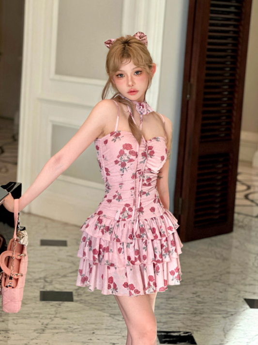 Rose mesh lotus leaf cake skirt waist strap dress R5254