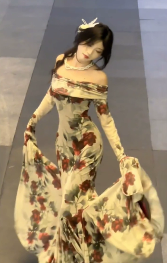 French retro rose print off-shoulder dress for women mermaid vintage dress S5756