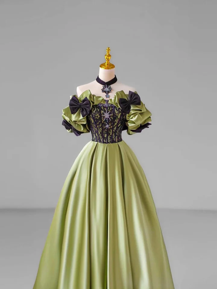 Vintage Off The Shoulder Ball Gown Green Satin Lace Bow Prom Dress cc2067