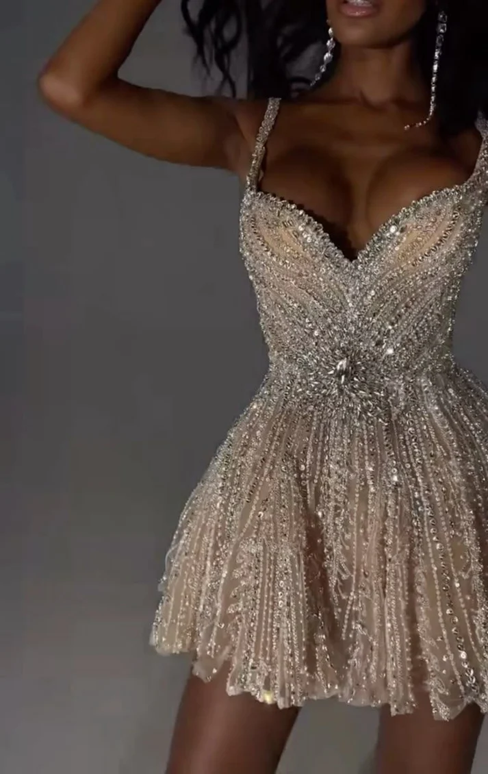 Gorgeous Tulle Beaded A Line Cocktail Dress Champagne Short Homecoming Dress S351