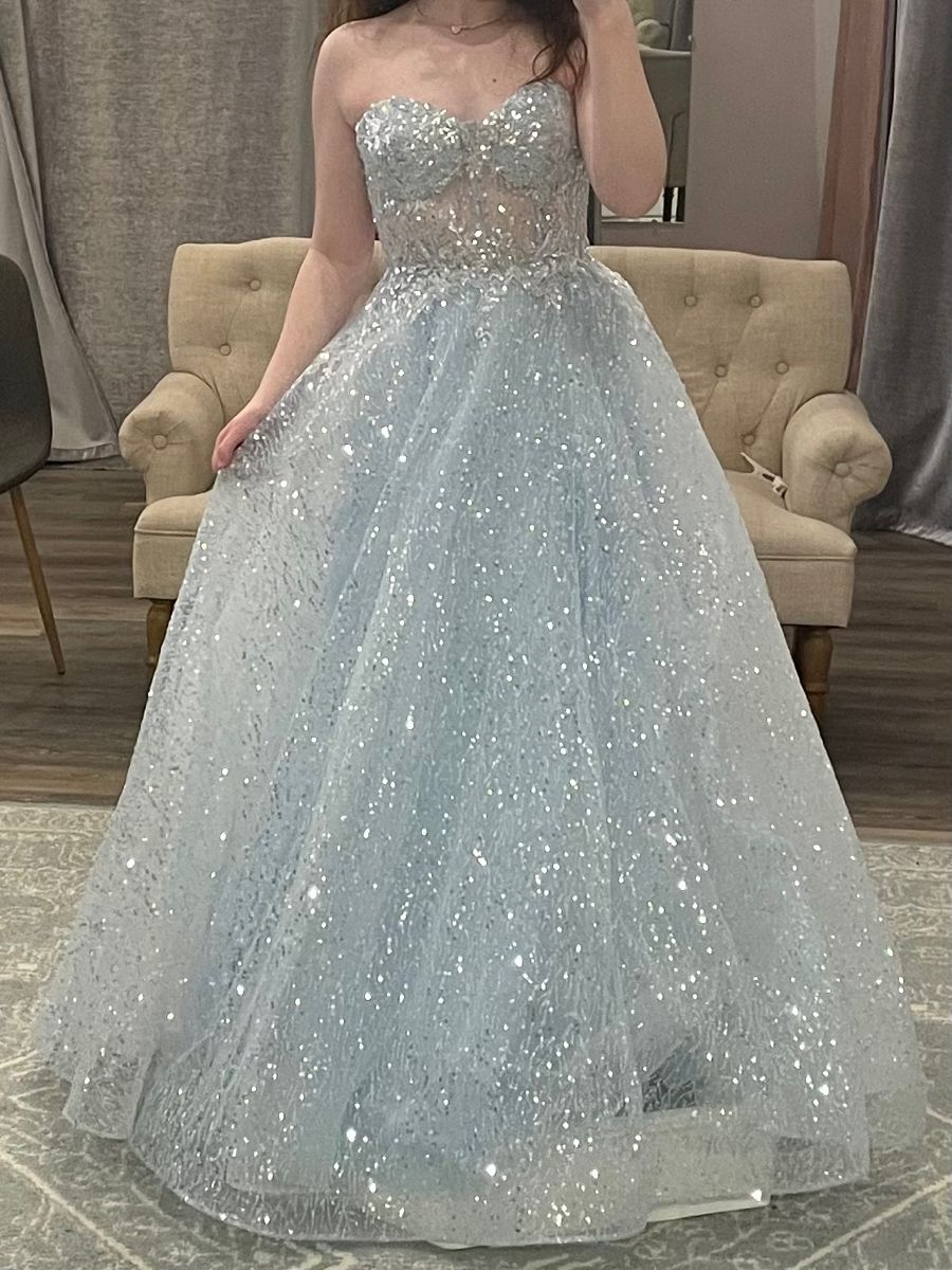Sparkly Sweetheart Neck Tulle Sequin Blue Long Birthday Party Dress Prom Gown