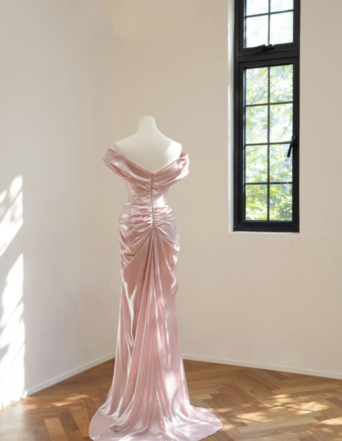 Fairy Pink Off The Shoulder Satin Pleated Slit Mermaid Party Dress Long Wedding Guest Dress D2175