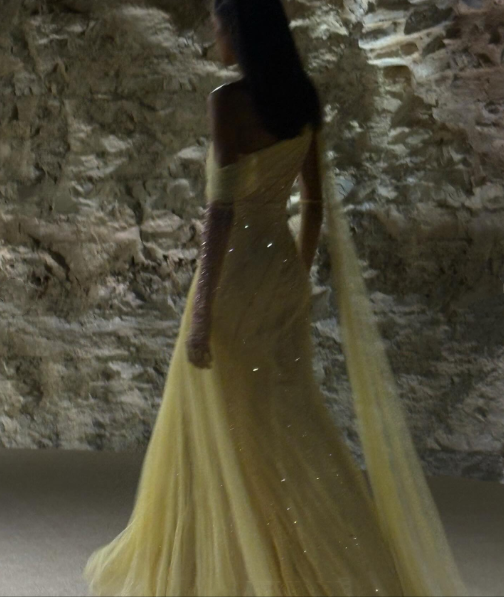 Pretty Tulle Pleated Sequin Mermaid Evening Dress Yellow Long Wedding Guest Dress D1625