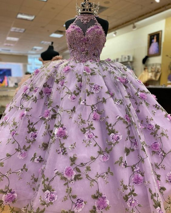 Luxurious Purple A-line Ball Gown With Flowers,Purple Sweet 16 Dress Y6598