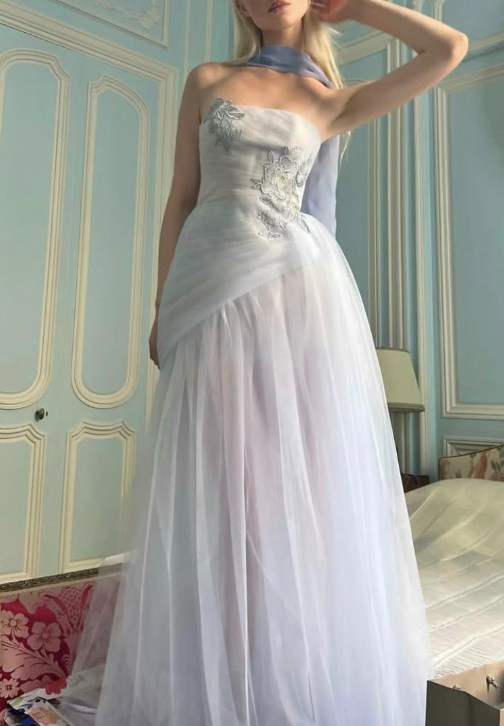 Sweet Light Blue Tulle Appliques Mermaid Long Wedding Guest Dress Formal Birthday Evening Dress With Scarf D1895
