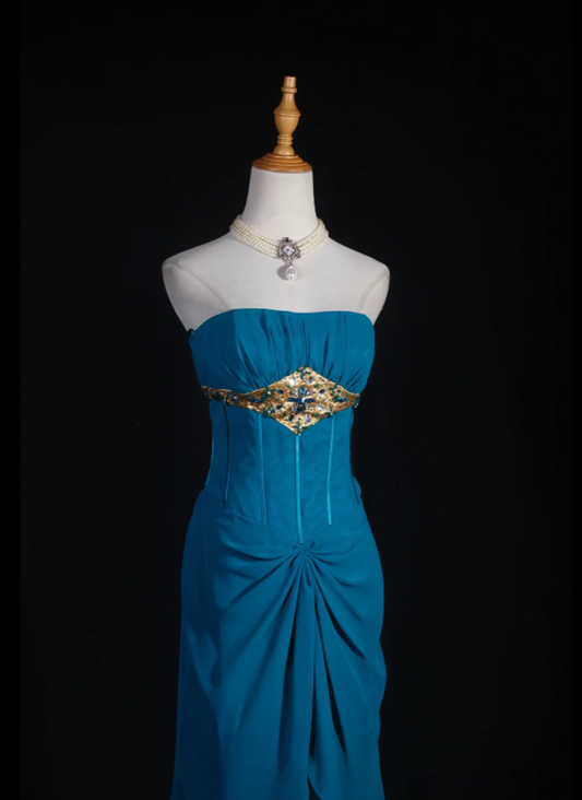 Elegant Blue-green Strapless Chiffon Layered Mermaid Long Evening Dress Formal Wedding Guest Dress With Beads D2258