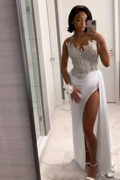 Luxurious White Strapless Satin Beaded High Slit Mermaid Party Dress Long Wedding Guest Dress Evening Gown