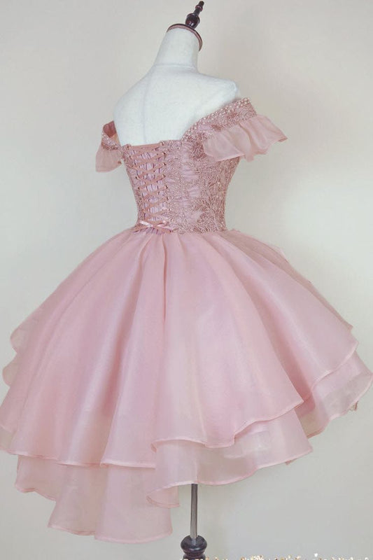 Pink Lace Homecoming Gown with Beading, Princess Off the Shoulder Hoco Dress C1032