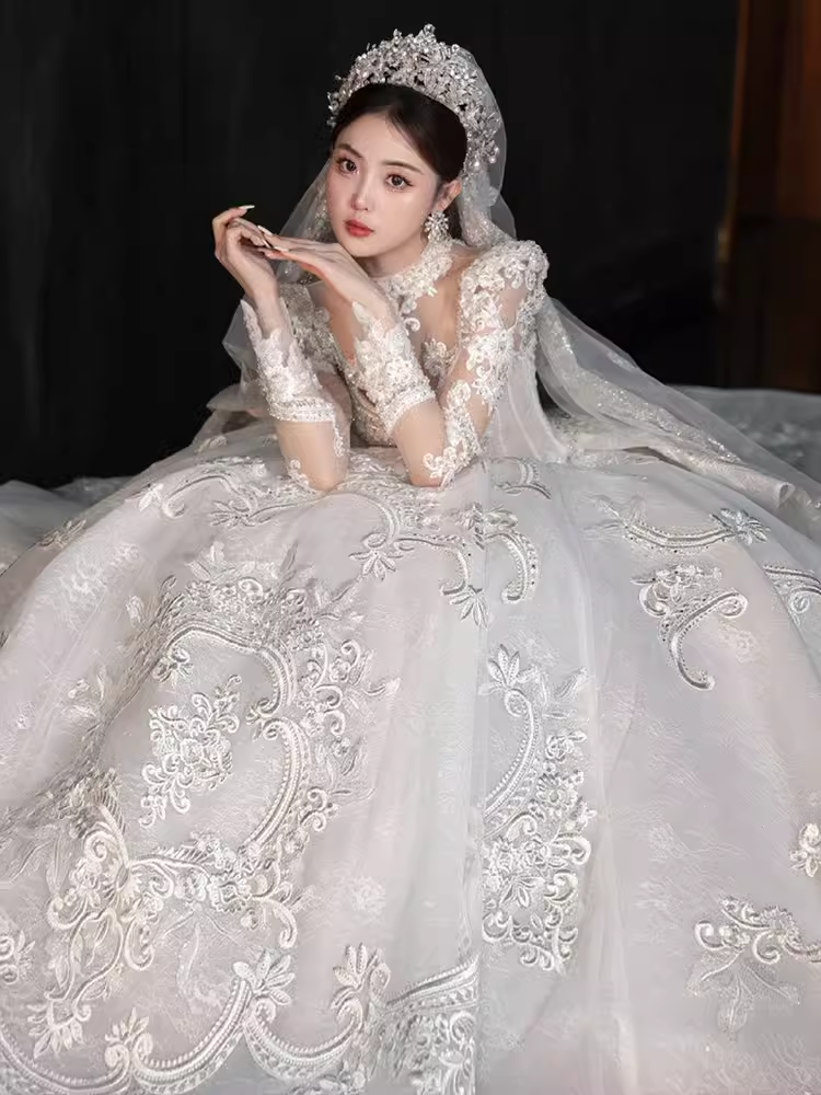 Elegant Ball Gown High neckline Long Sleeves Satin Wedding Dresses C210