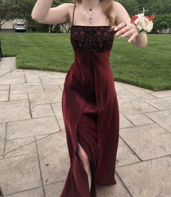 Elegant A line Spaghetti Straps Burgundy Long Slit Prom Dresses Evening Gowns C3023
