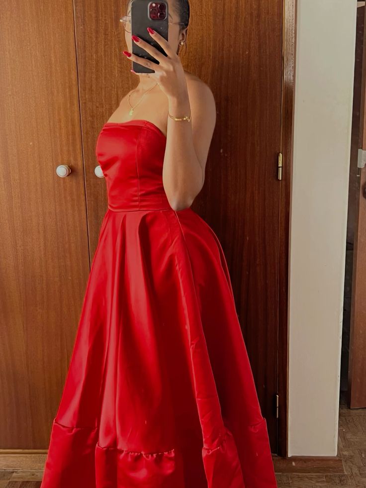 Vintage Ball Gown Strapless Red Tea Length Prom Dresses Evening Gowns C3062